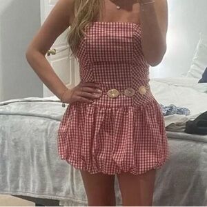SHEIN Red Gingham Strapless Dress